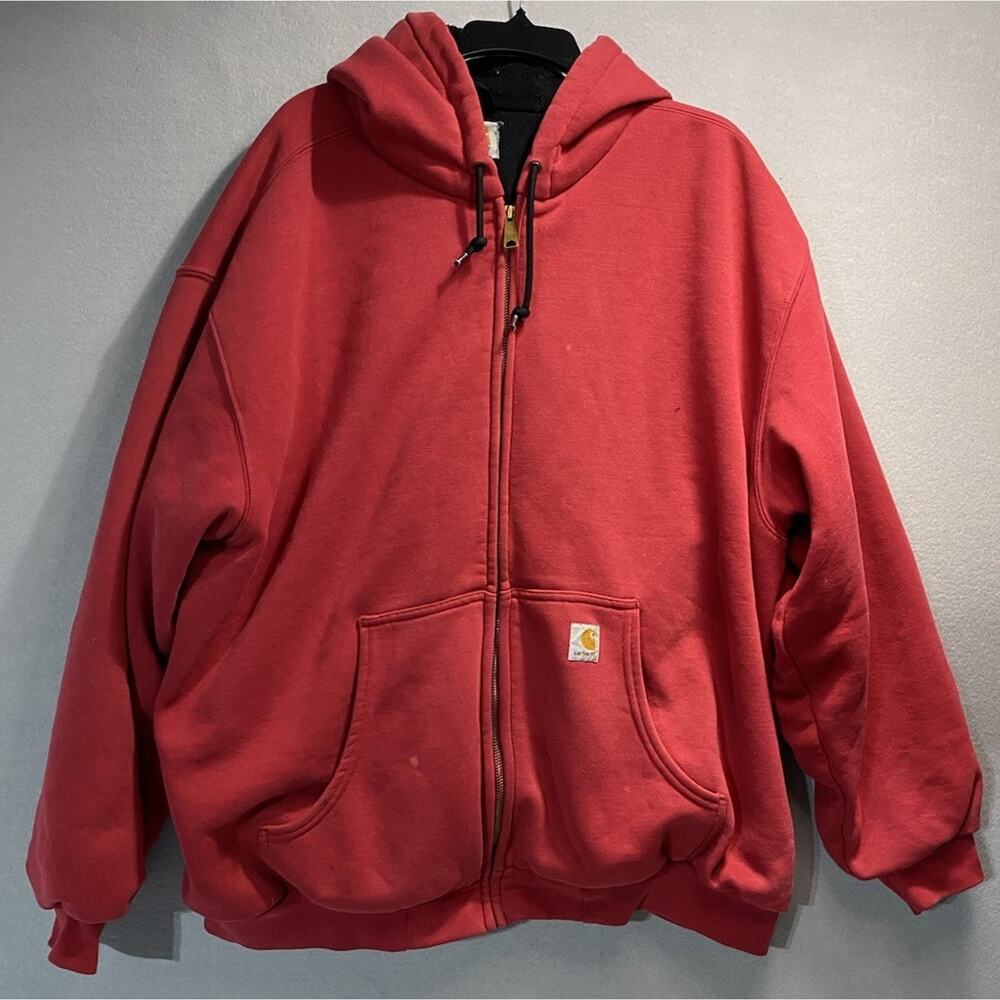 VTG Carhartt Jacket Mens Full Zip Hoodie Red Thermal Lined Size XXL
